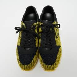 Pre Owned Louis Vuitton Yellow/Black Cotton Knit And Leather Run Away Sneakers  Size 41.5