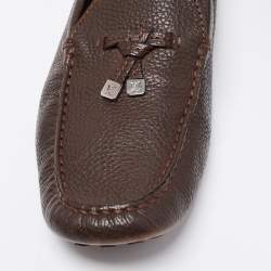 Pre Owned Louis Vuitton Brown Leather Logo Bow Slip On Loafers Size 43.5 