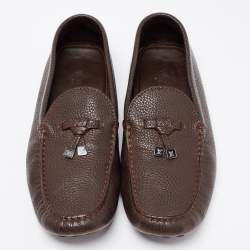Pre Owned Louis Vuitton Brown Leather Logo Bow Slip On Loafers Size 43.5 