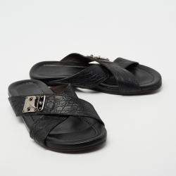 Louis Vuitton Black Crocodile Leather Cross Strap Flat Slide Sandals Size 40