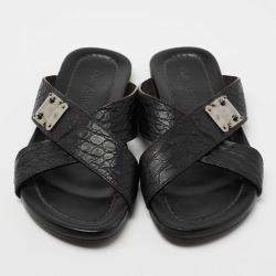 Louis Vuitton Black Crocodile Leather Cross Strap Flat Slide Sandals Size 40