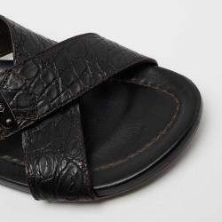 Louis Vuitton Black Crocodile Leather Cross Strap Flat Slide Sandals Size 40