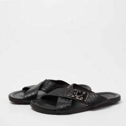 Louis Vuitton Black Crocodile Leather Cross Strap Flat Slide Sandals Size 40