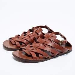 Pre Owned Louis Vuitton Brown Leather Strappy Flat Sandals Size 41