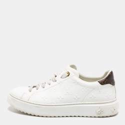Pre Owned Louis Vuitton White/Brown Leather And Monogram Canvas Time Out  Sneakers Size 41