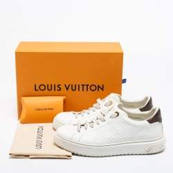 Pre Owned Louis Vuitton White/Brown Leather And Monogram Canvas Time Out  Sneakers Size 41