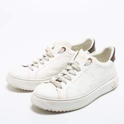 Pre Owned Louis Vuitton White/Brown Leather And Monogram Canvas Time Out  Sneakers Size 41