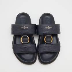 Louis Vuitton Navy Blue Ostrich And Leather Flats Size 41.5