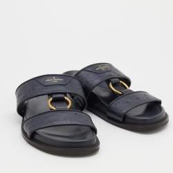 Louis Vuitton Navy Blue Ostrich And Leather Flats Size 41.5