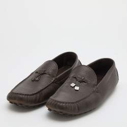 Pre Owned Louis Vuitton Dark Brown Leather Logo Bow Slip On Loafers Size 44.5