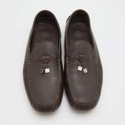 Pre Owned Louis Vuitton Dark Brown Leather Logo Bow Slip On Loafers Size 44.5