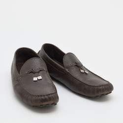 Pre Owned Louis Vuitton Dark Brown Leather Logo Bow Slip On Loafers Size 44.5