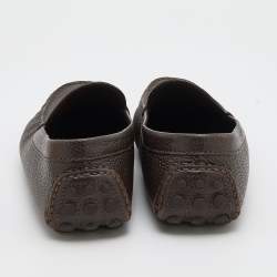 Pre Owned Louis Vuitton Dark Brown Leather Logo Bow Slip On Loafers Size 44.5