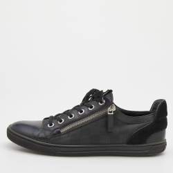 Pre Owned Louis Vuitton Black Damier Print Nylon, Suede And Leather Adventure Zip Low Top Sneakers Size 42