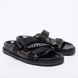 Pre Owned Louis Vuitton Brown/Black Monogram Canvas And Nylon Honolulu Flat Sandals Size 42.5