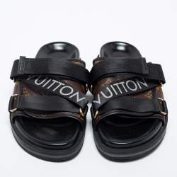 Pre Owned Louis Vuitton Brown/Black Monogram Canvas And Nylon Honolulu Flat Sandals Size 42.5