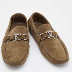 Pre Owned Louis Vuitton Khaki Brown Suede Hockenheim Loafers Size 40.5