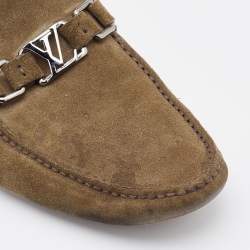 Pre Owned Louis Vuitton Khaki Brown Suede Hockenheim Loafers Size 40.5