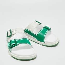 Louis Vuitton White/Green Leather LV Trainer Slides Size 42