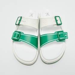 Louis Vuitton White/Green Leather LV Trainer Slides Size 42