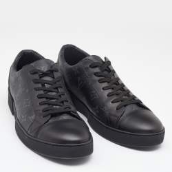 Pre Owned Louis Vuitton Black Leather and Monogram Eclipse Canvas Low Top Sneakers Size 42.5