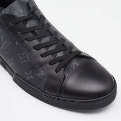 Pre Owned Louis Vuitton Black Leather and Monogram Eclipse Canvas Low Top Sneakers Size 42.5