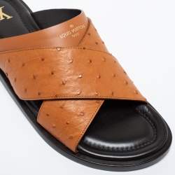 Pre Owned Louis Vuitton Brown Ostrich Leather Flat Sandals Size 43.5