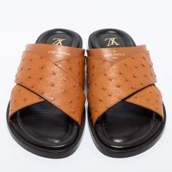 Pre Owned Louis Vuitton Brown Ostrich Leather Flat Sandals Size 43.5