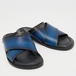 Louis Vuitton Two Tone Leather Foch Cross Strap Slides Size 43