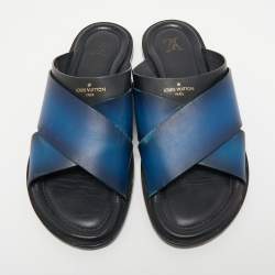 Louis Vuitton Two Tone Leather Foch Cross Strap Slides Size 43