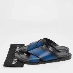 Louis Vuitton Two Tone Leather Foch Cross Strap Slides Size 43