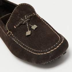 Pre Owned Louis Vuitton Dark Brown Textured Nubuck Leather Bow Loafers Size 41