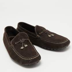 Pre Owned Louis Vuitton Dark Brown Textured Nubuck Leather Bow Loafers Size 41