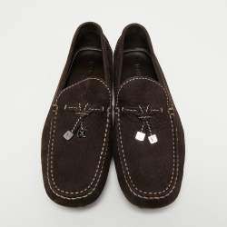 Pre Owned Louis Vuitton Dark Brown Textured Nubuck Leather Bow Loafers Size 41