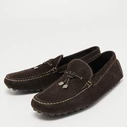 Pre Owned Louis Vuitton Dark Brown Textured Nubuck Leather Bow Loafers Size 41