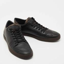 Pre Owned Louis Vuitton Black Leather and Monogram Canvas Low Top Sneakers Size 43.5 