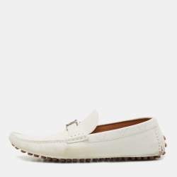 Pre Owned Louis Vuitton White Leather and Monogram Canvas  Hockeinheim Loafers Size 43.5 