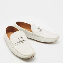 Pre Owned Louis Vuitton White Leather and Monogram Canvas  Hockeinheim Loafers Size 43.5 