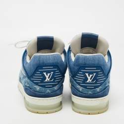 Pre Owned Louis Vuitton Blue Suede and Monogram Denim LV Trainer Sneakers Size 44.5 