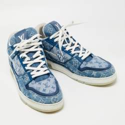Pre Owned Louis Vuitton Blue Suede and Monogram Denim LV Trainer Sneakers Size 44.5 
