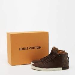 Pre Owned Louis Vuitton Brown Leather And Monogram Canvas High Top Sneakers Size 41.5