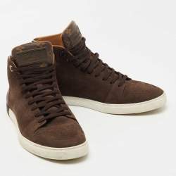 Pre Owned Louis Vuitton Brown Leather And Monogram Canvas High Top Sneakers Size 41.5