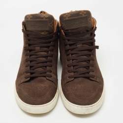 Pre Owned Louis Vuitton Brown Leather And Monogram Canvas High Top Sneakers Size 41.5