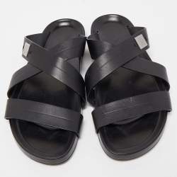 Louis Vuitton Black Leather Criss Cross Strap Flat Slide Sandals Size 42