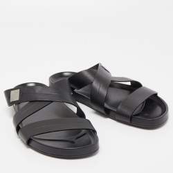 Louis Vuitton Black Leather Criss Cross Strap Flat Slide Sandals Size 42