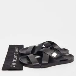 Louis Vuitton Black Leather Criss Cross Strap Flat Slide Sandals Size 42