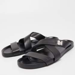 Louis Vuitton Black Leather Criss Cross Strap Flat Slide Sandals Size 42