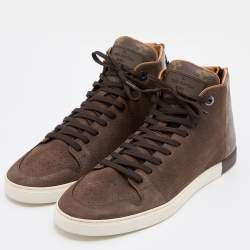 Pre Owned Louis Vuitton Brown Nubuck Leather and Monogram Coated Canvas High Top Sneakers Size 42