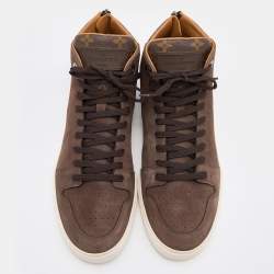 Pre Owned Louis Vuitton Brown Nubuck Leather and Monogram Coated Canvas High Top Sneakers Size 42