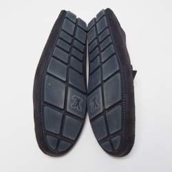 Pre Owned Louis Vuitton Navy Blue Suede Slip On Loafers Size 44.5